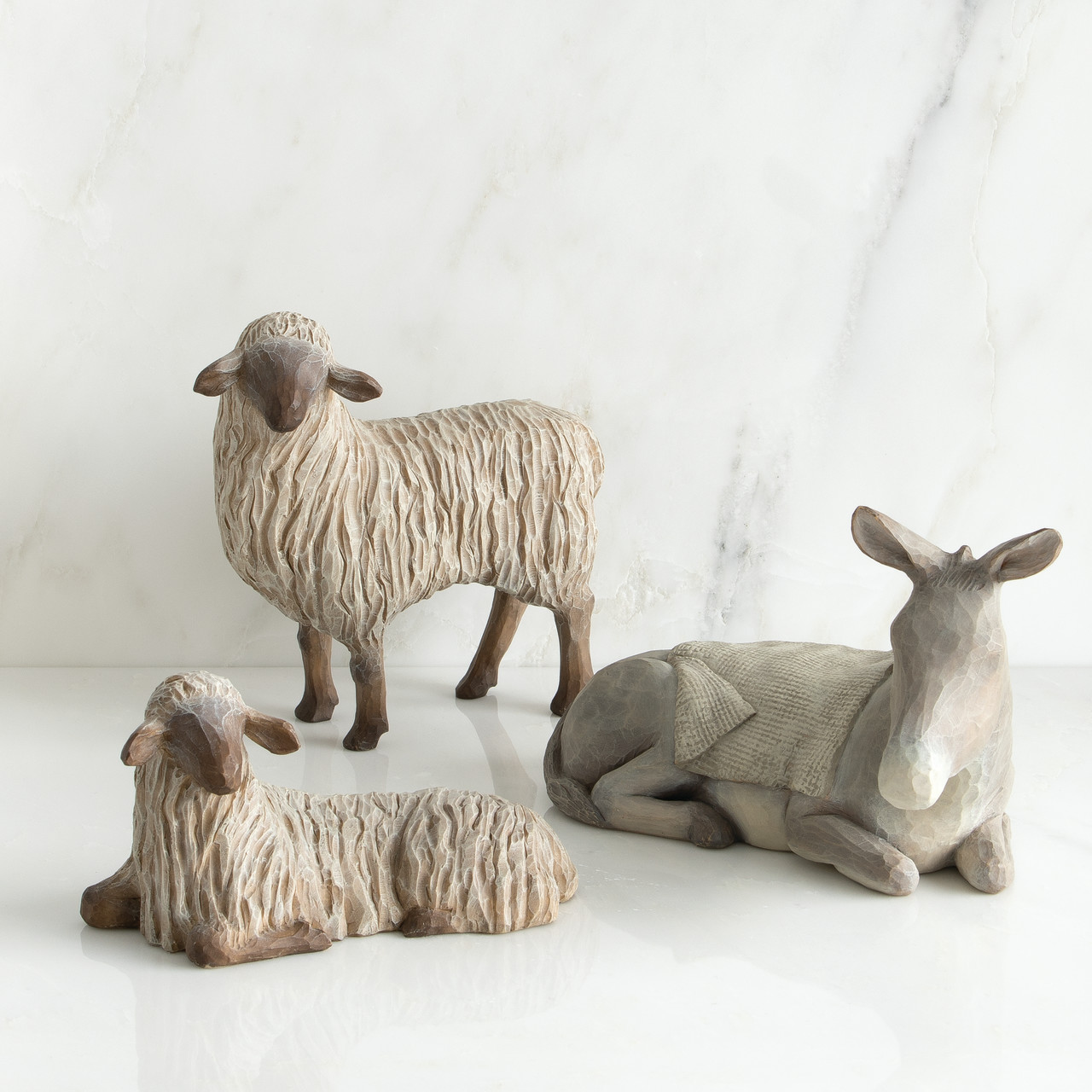 Gentle Animals of the Stable 3-figure set sculpted for The Christmas Story nativity by Susan Lordi